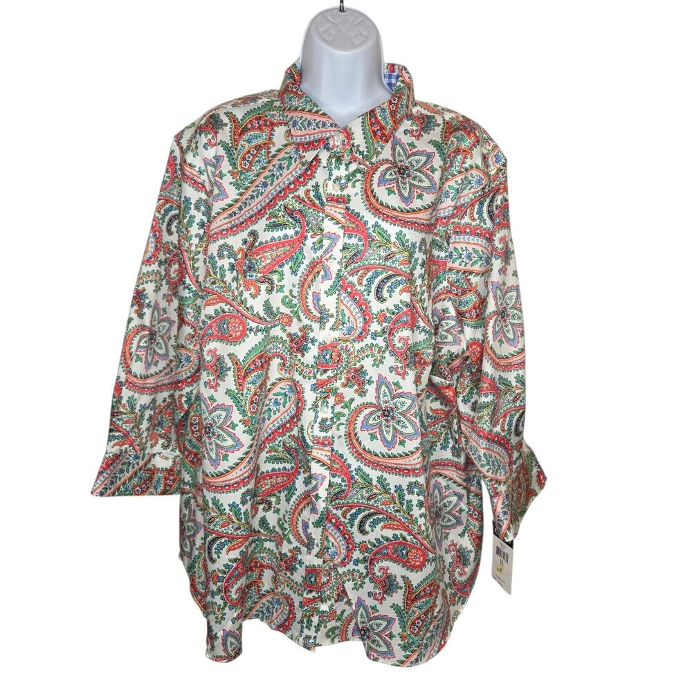 NWT Chaps Women’s Plus Size 3X No Iron Paisley Button Front Shirt White Multi